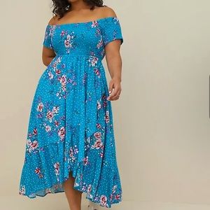 TORRID Off Shoulder Smocked Hi-Low Maxi Dress